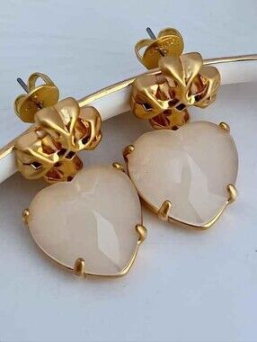 Tory Burch Gold Floral Stud Earrings with Cream Heart Cabochons